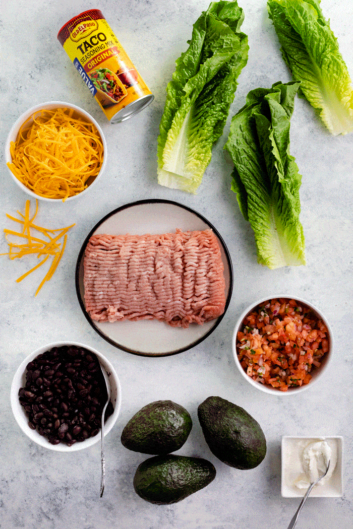 Overhead shot of ingredients needed to make turkey taco lettuce wraps