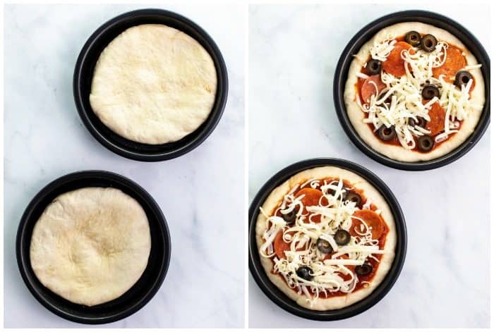 Pizza dough in pizza pan, next to pizza dough topped with sauce and toppings. 