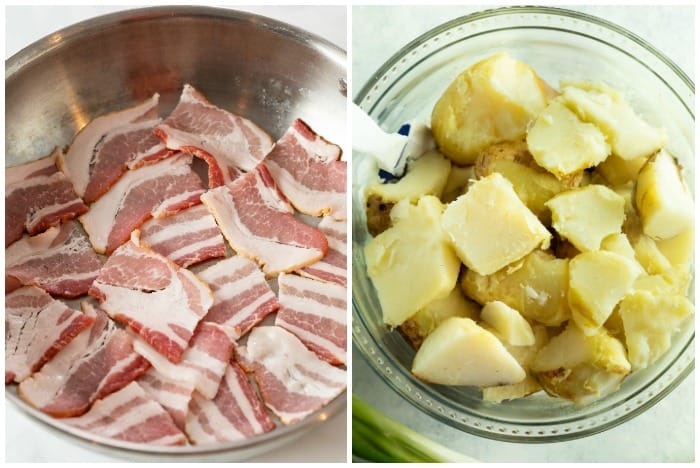 Uncooked bacon in a pan next to a bowl of cooked and sliced russet potatoes.
