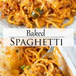 A collage of baked spaghetti on a plate and in a casserole dish.