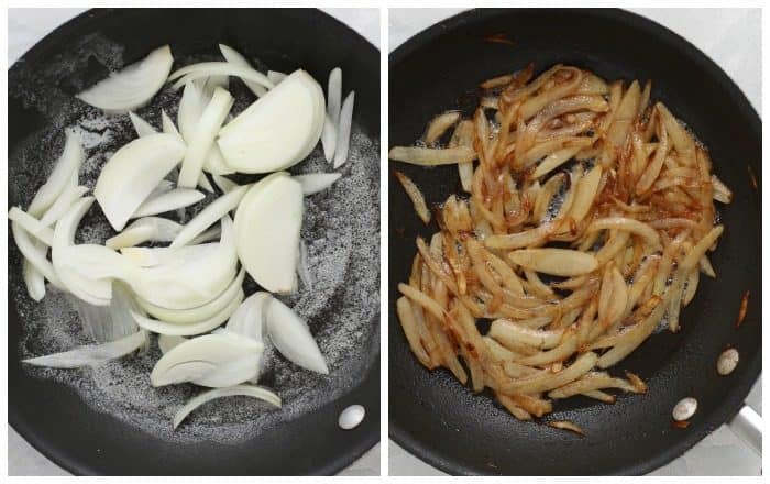 two pans with onions side by side, one with uncooked onions and one with caramelized onions.