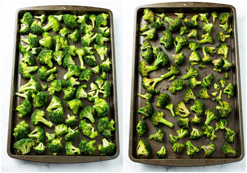 Roasted Broccoli on a dark baking sheet before and after baking.
