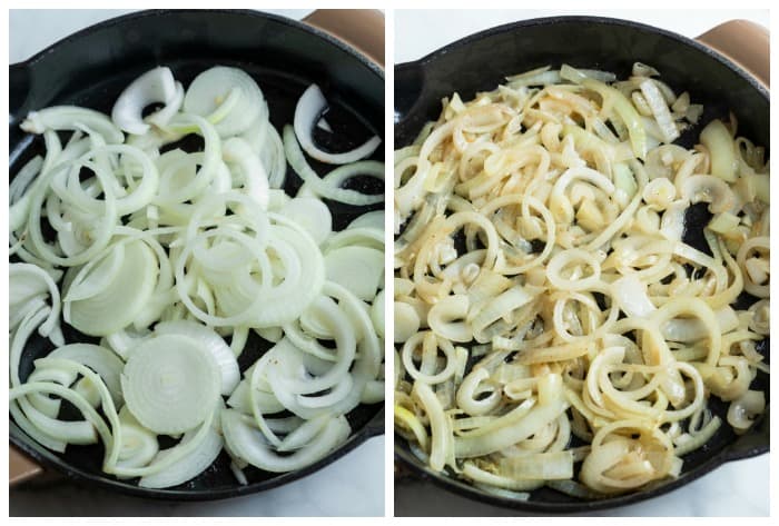Onions in a cast iron skillet before and after being cooked.