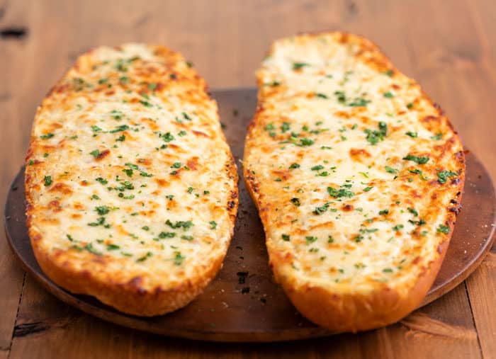 Cheesy homemade garlic bread after being baked.