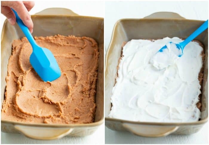 Side by side of a casserole dish being layered with refried beans and sour cream.