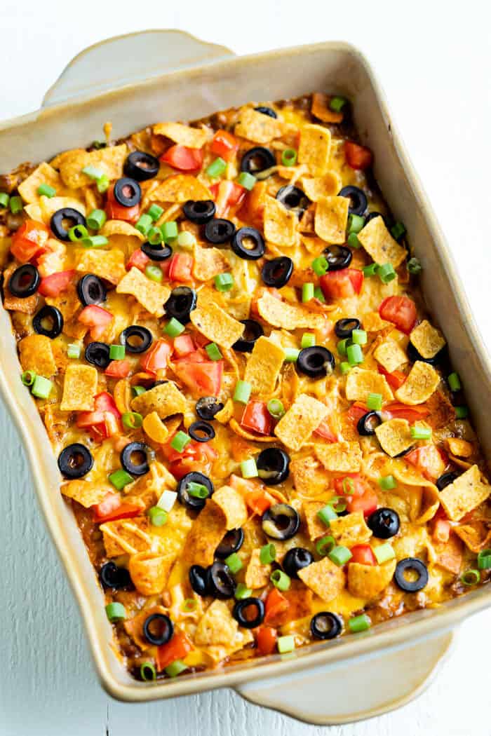 Overhead view of Taco Casserole in a casserole dish.