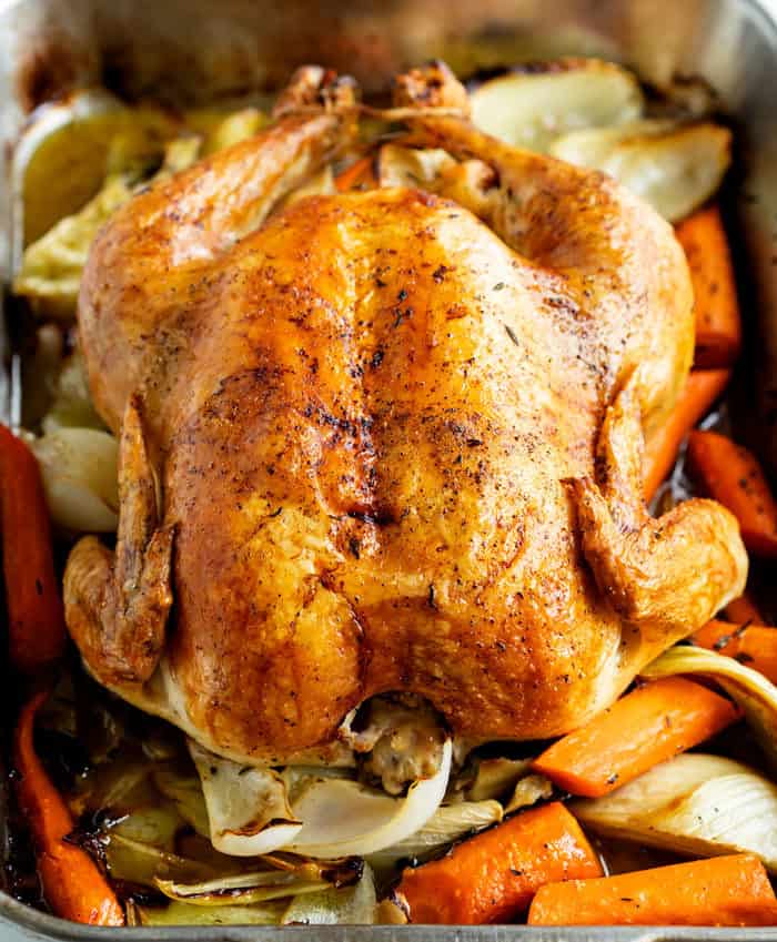 A brown roasted chicken in a roasting pan with carrots, onions, and fennel.