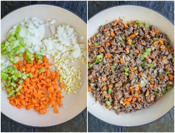 Side by side image of pot making bolognese sauce with diced vegetables and then with meat added.