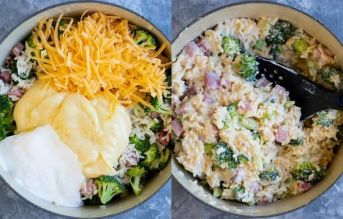 side by side sauce pans full of ham casserole ingredients before and after being mixed.