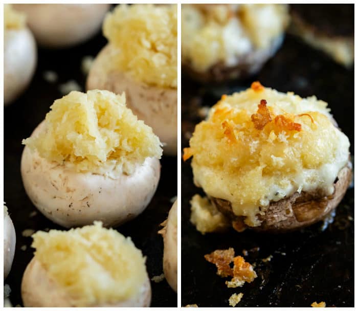 White Cheddar Stuffed Mushrooms before and after baking.