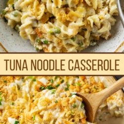 A collage of Tuna Noodle Casserole with a label in the middle.