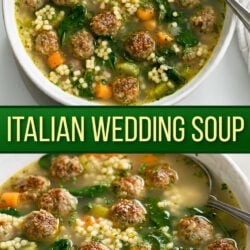 A collage of Italian Wedding Soup in white bowl with a spoon.