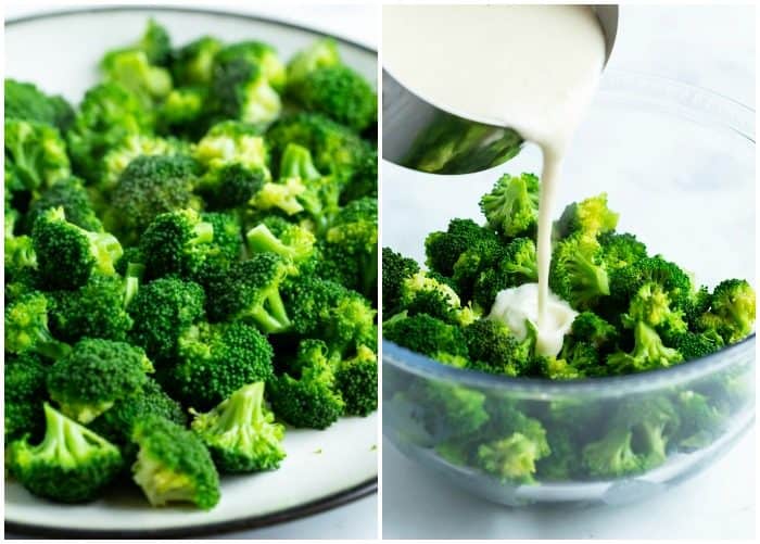 Process shots of broccoli on a plate and broccoli in a bowl with cheese sauce being poured on it.