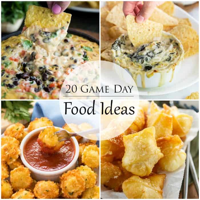 A collage of game day food ideas including dips, fried wontons, and fried tortellini bites.