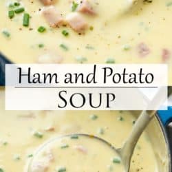 A collage of ham and potato soup with chives.