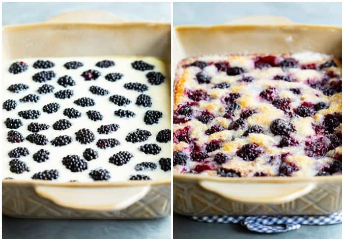 Unbaked blackberry cobbler next to the cobbler after being baked.