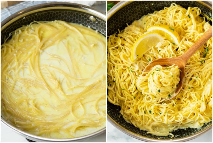 Side by side images of garlic butter angel hair spaghetti cooking in sauce.