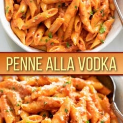 A collage of Penne Alla Vodka in a white bowl with a spoon.
