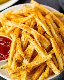 Seasoned french fries on a white plate.