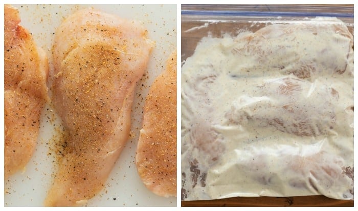 Seasoned chicken next to a bag of chicken marinating in a Ziploc bag.
