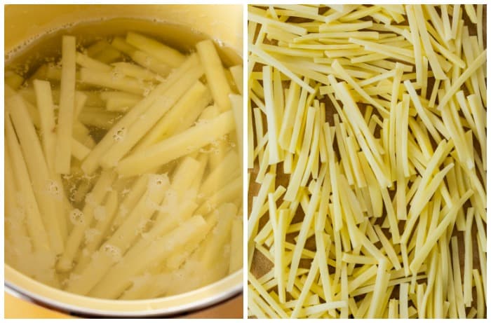 A pot with uncooked french fries soaking in a brine before being dried to make french fries.