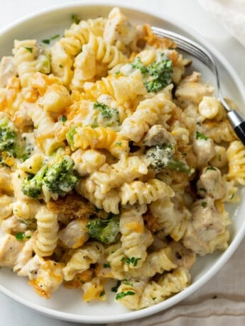 A white plate with Chicken Noodle Casserole with with a creamy mushroom cheese sauce and broccoli.