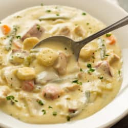 A spoon scooping up creamy chicken stew topped with oyster crackers.