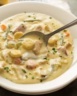 A spoon scooping up creamy chicken stew topped with oyster crackers.