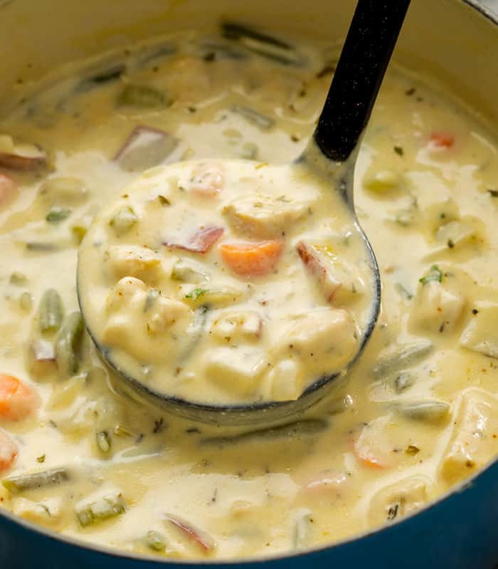 A soup ladle filled with creamy chicken stew from a soup pot.