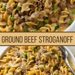 A collage of Ground Beef Stroganoff on a plate with fresh parsley.