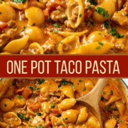 A collage of one pot Taco Pasta with a label in between the 2 pictures.