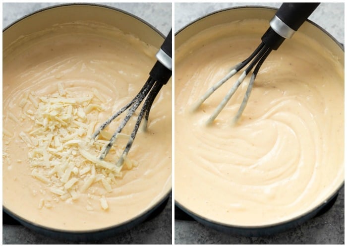 Adding cheese to Panera Mac & Cheese Sauce and stirring it until creamy.