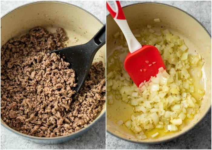 A pot filled with ground beef and diced onions being cooked.