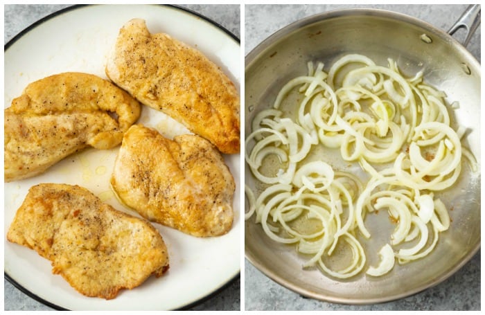 Chicken cutlets on a plate next to a skillet with sliced onions.