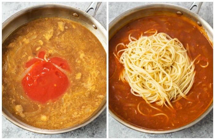 A skillet showing sauce being made for Chicken Scallopini sauce with spaghetti added to it.