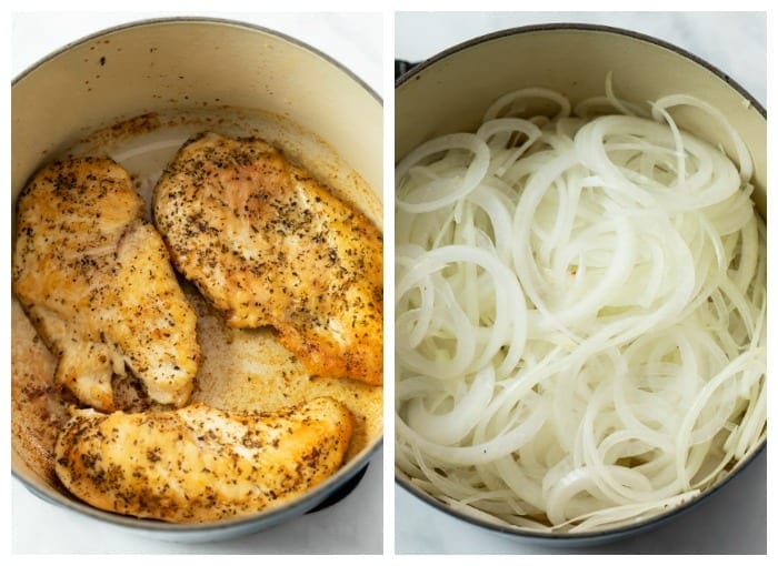Dutch ovens side by side, one with seared chicken and one with sliced onions.
