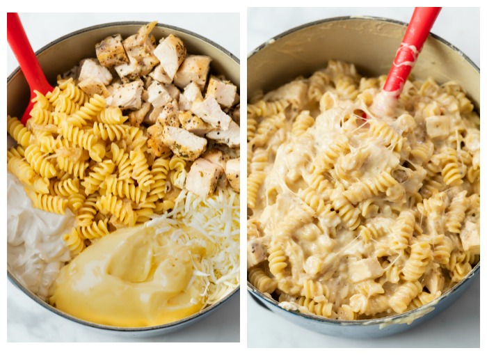 A dutch oven showing ingredients for french onion chicken noodle casserole before and after being mixed.