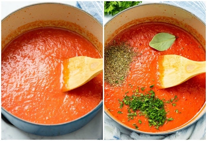 Crushed tomatoes with seasonings being added to make marinara sauce