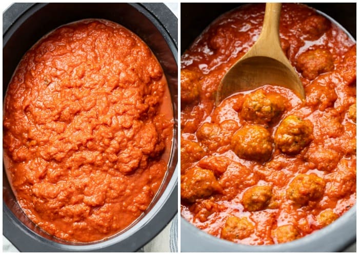 A Slow Cooker full of marinara sauce and meatballs.