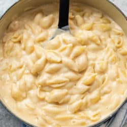 A pot filled with pasta shells in a creamy white cheddar cheese sauce for Panera mac and cheese recipe.
