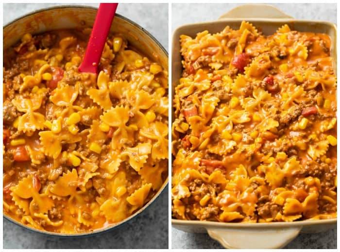 Sloppy Joe Casserole Filling in a pot and in a casserole dish.