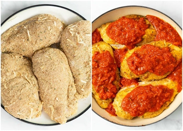 Breaded chicken on a plate next to a skillet of browned chicken Parmesan topped with marinara sauce.