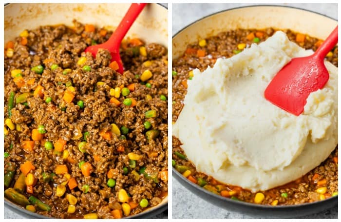 A casserole dish with sheperds pie filling being topped with mashed potatoes