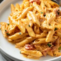 Creamy Buffalo Chicken Pasta on a white plate with chicken and diced tomatoes.