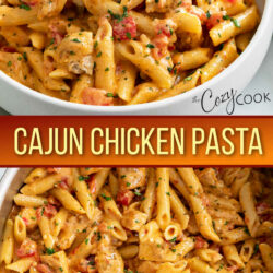 A collage of Cajun Chicken Pasta in a bowl and in a skillet.