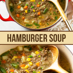 A collage of Hamburger Soup in a red Dutch Oven with a wooden spoon.