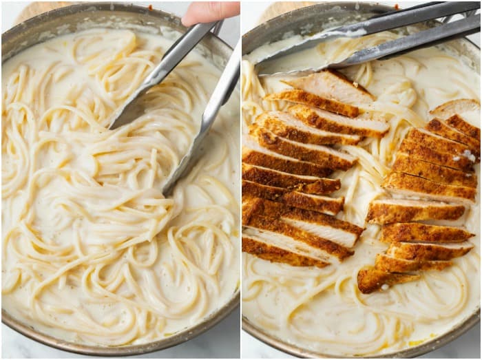 A skillet with fettuccine Alfredo with Cajun chicken added on top.