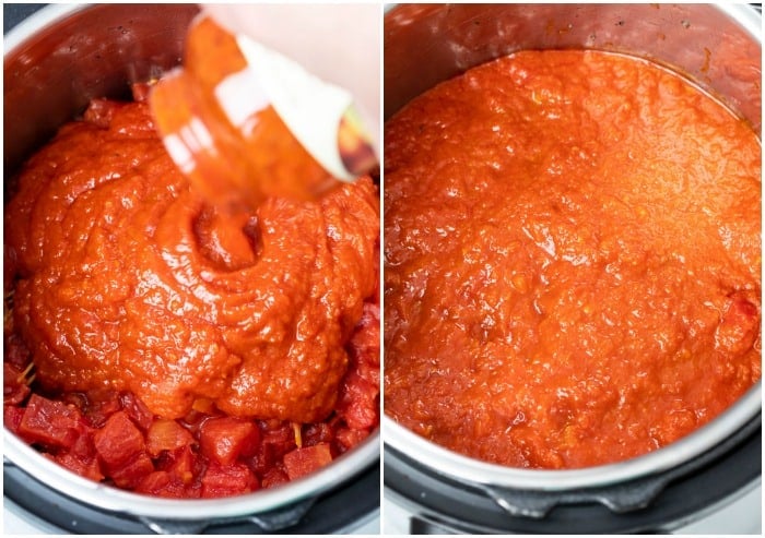 Marinara sauce being poured into an Instant Pot to make Instant Pot Spaghetti.