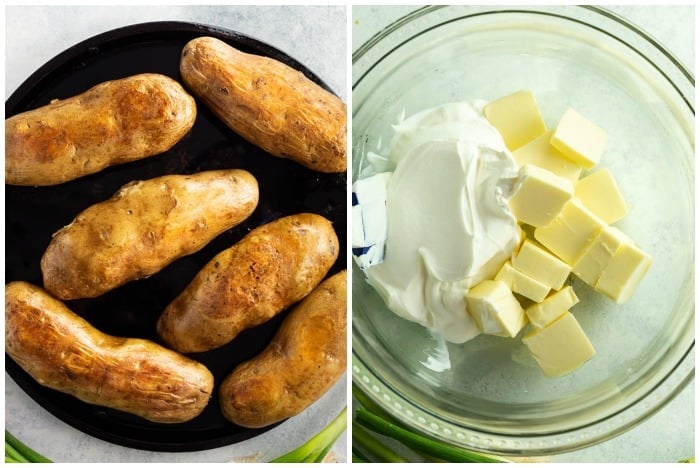 A baking tray with Russet potatoes next to a bowl of butter and sour cream for making twice baked potato casserole.