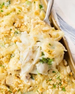 A spoon scooping up Chicken Alfredo Bake from a casserole dish.